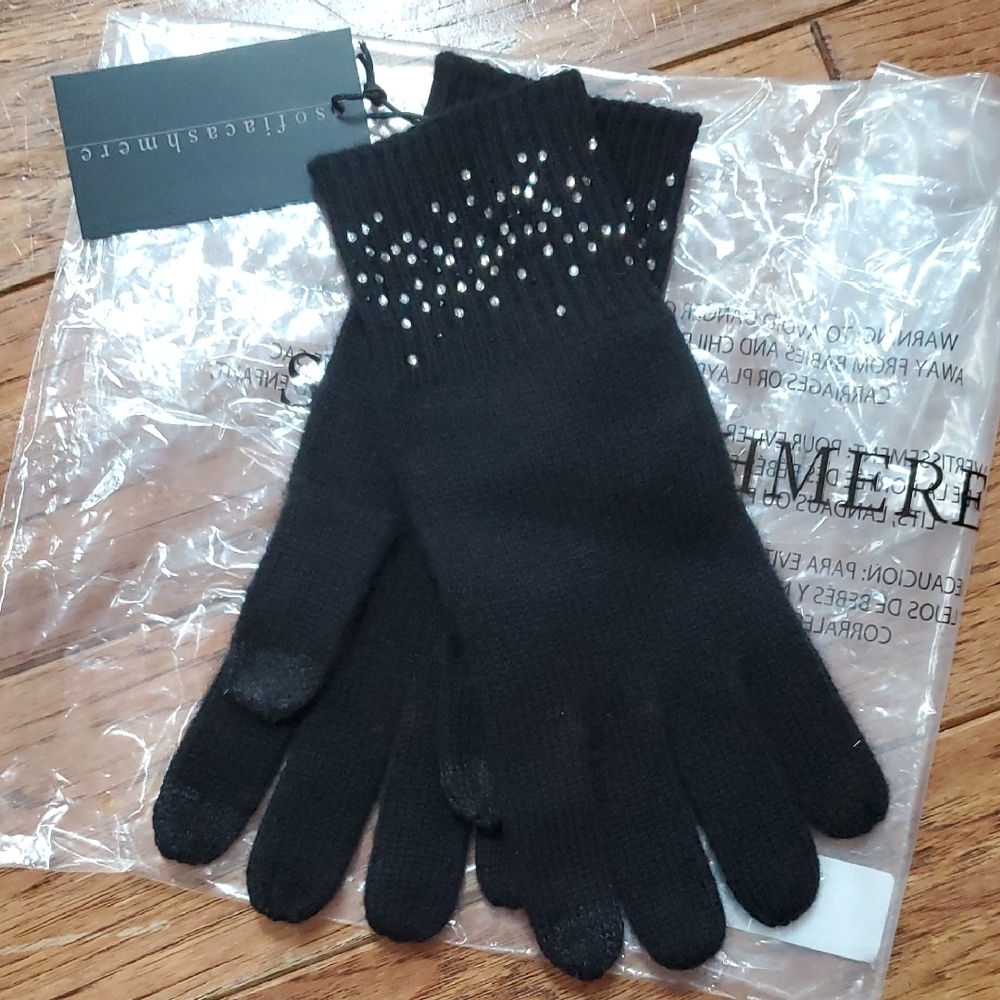 Sofia Cashmere Black Gloves with Silver Rhinestone Details